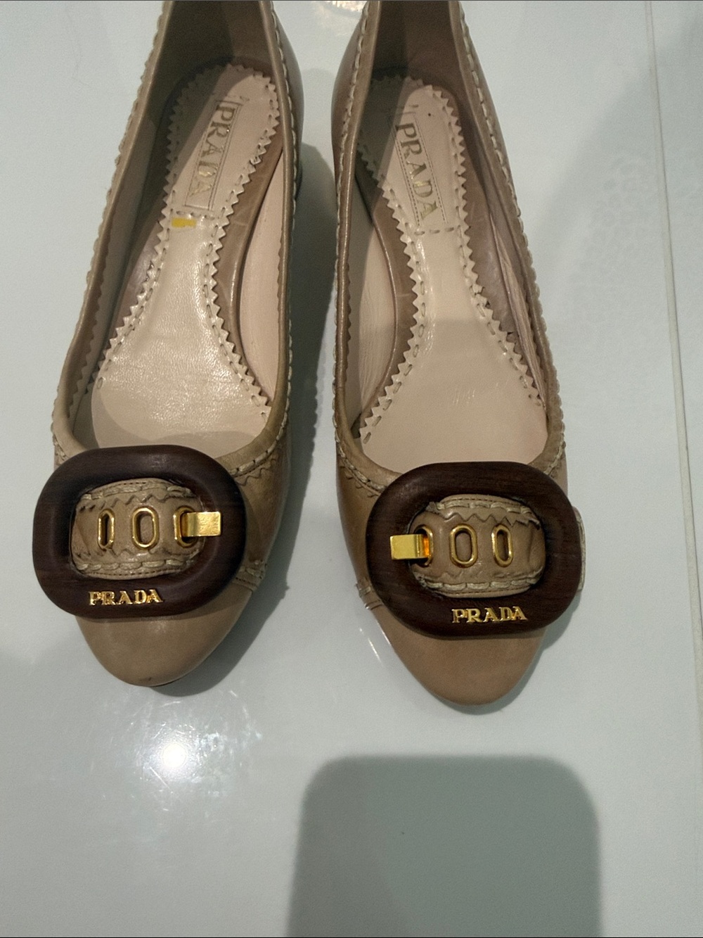 Prada Taupe Leather Ballet Flats with Dark Brown Buckle & Gold Hardware